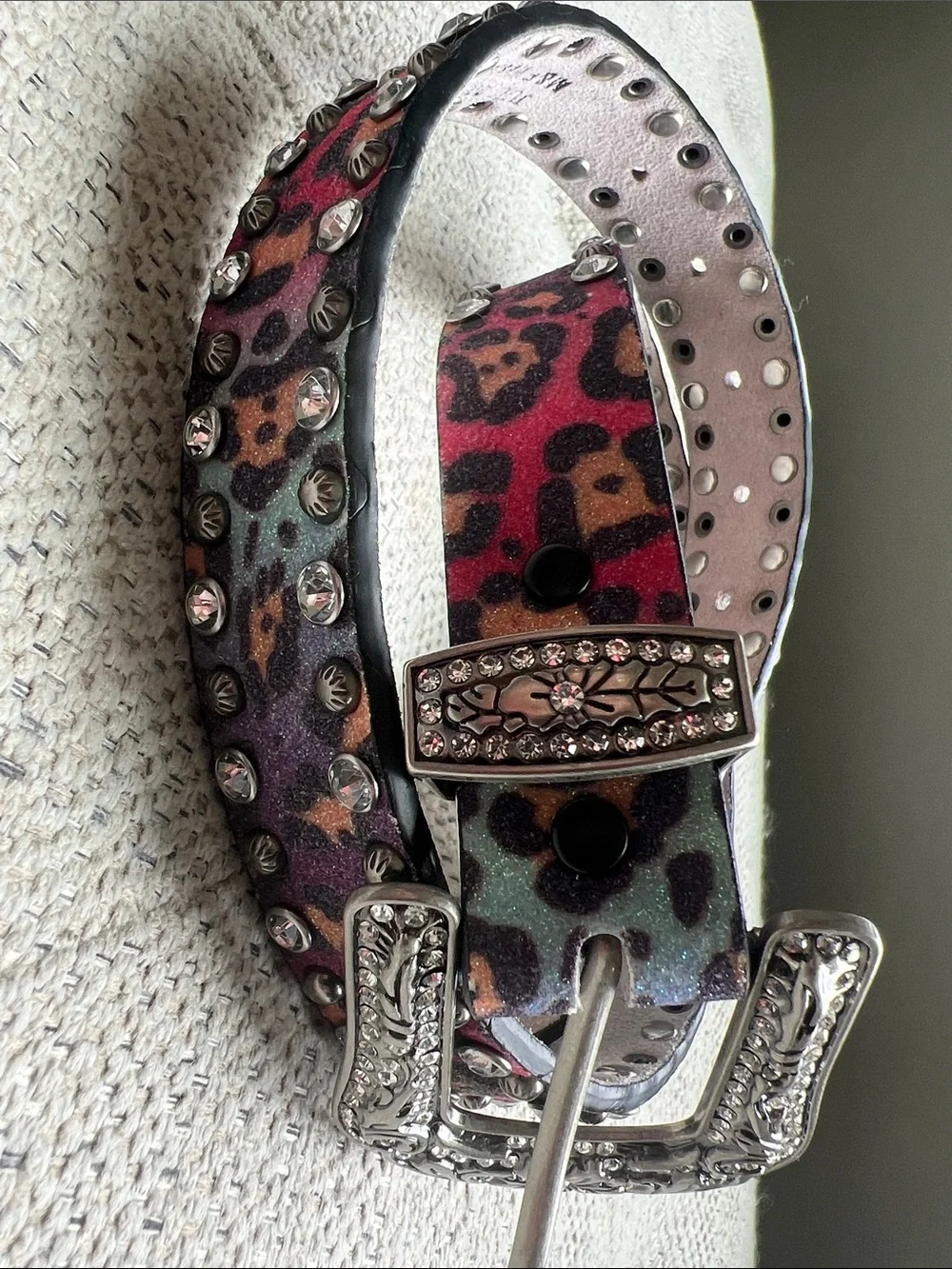 Kids Multicolor Leopard Print Studded Belt with Decorative Silver Buckle